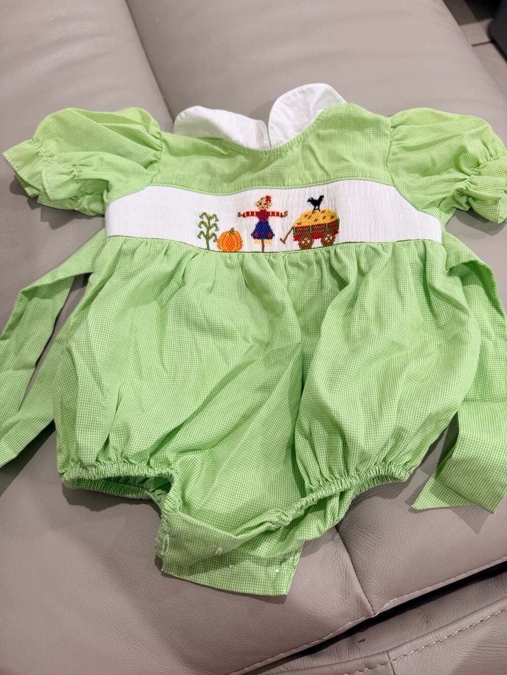 Silly Goose Scarecrow Fall Bubble Size 6M Green Gingham Smocked Romper